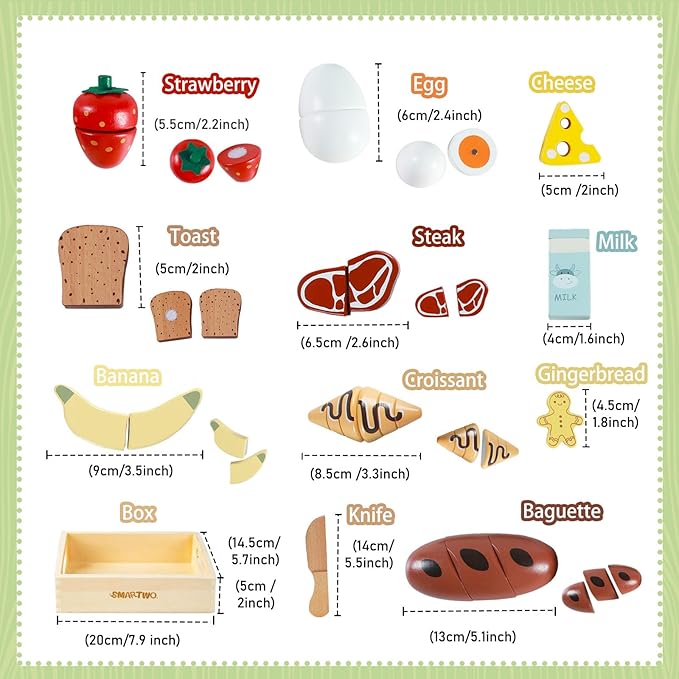 Wooden Bakery Toy Food Breakfast Set for Kids,Pretend Play Food Kitchen Accessories with Crates,Fake PlaySets Montessori Toys,Toddlers Cutting Food Gift for Boys and Girls Ages 2+