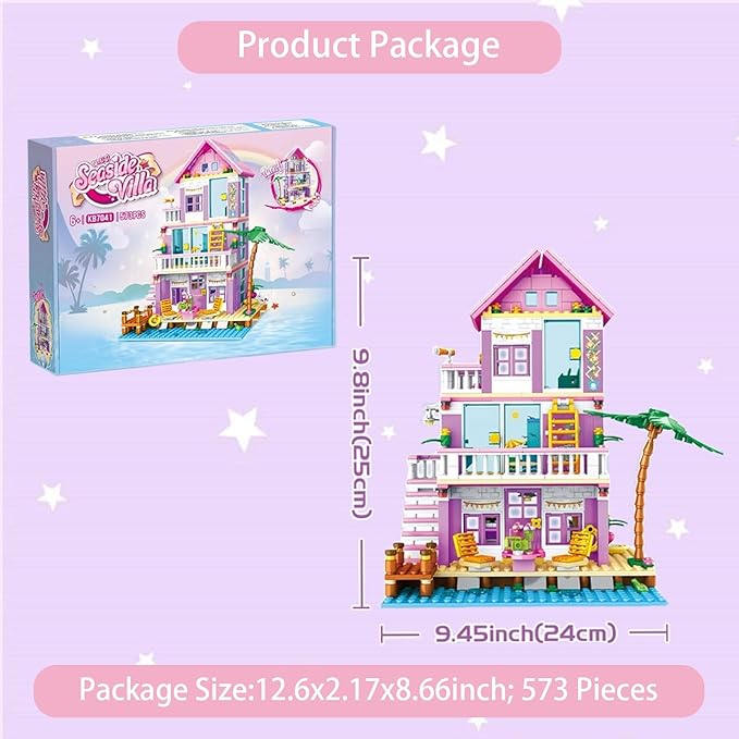 Sezua Building Blocks Girls House - 573 Pieces Seaside Beach Villa Building Set Compatible with Lego for Girls Friends, Dream Holiday Construction Bricks Toys for Girls Kid Age 8-12