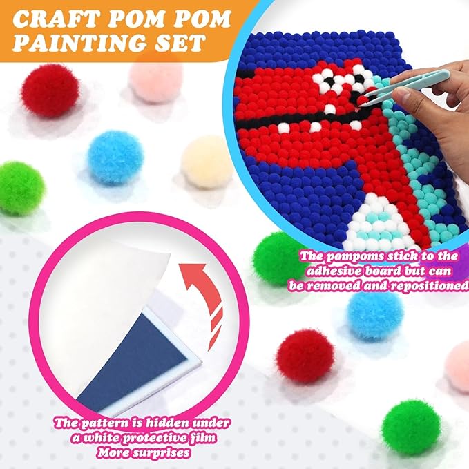 URSDIART Dinosaur Pom Poms Craft Supplies, Pom Poms Art Craft Kits for Ages 8-12,6-9,15 Years+, DIY Pom Pom Painting Art Kit,Classroom Bulk Craft Supplies for Kids & Adults,Beginners