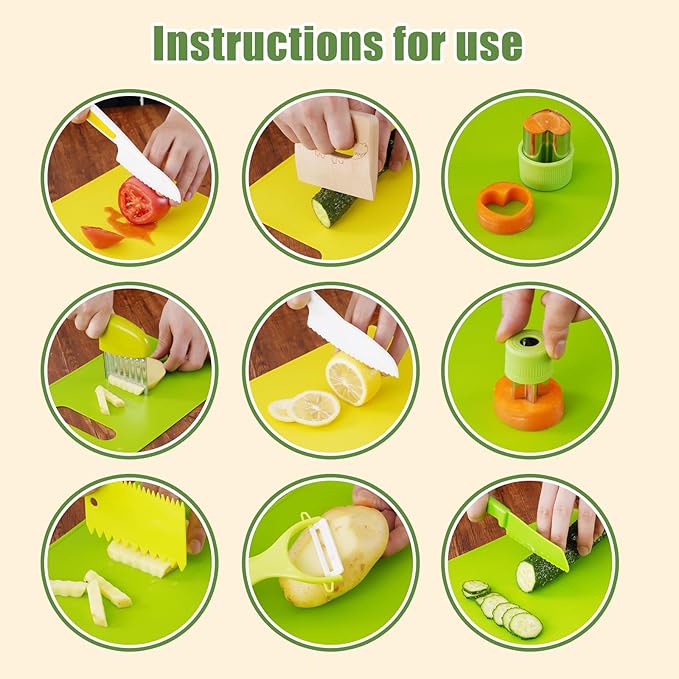 Montessori Kitchen Tools for Toddlers Cooking, Wooden Kids Kitchen Knife Set Include Plastic Toddler Safe Knives, Apron Set, Cutting Board, Sandwich Cutter, Y Peeler, Crinkle Cutter