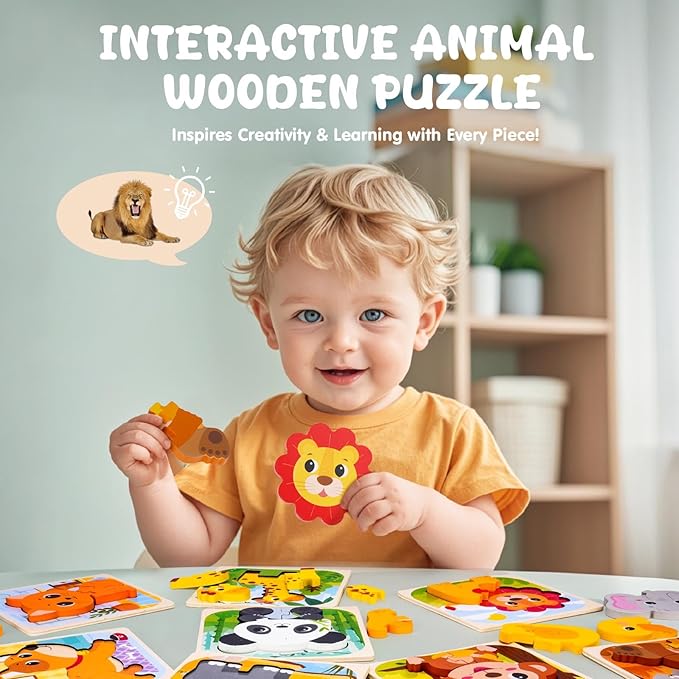 Wooden Puzzle for Toddler 1-3, 9 Pcs Toddler Puzzle Ages 2-4, Baby Animal Puzzle for Toddler, Montessori Puzzles Toys for 1 2 3 Year Old Boy Girl, Learning Educational Puzzle Toy(9 Pcs)