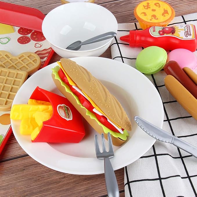 Fast Food Set 59 PCS Kitchen Toy Set for Pretend Play, Kitchen Accessories ,Removable Food Toy, Kids Toddlers Play Food Toys, Party Favor Christmas Stocking Stuffers