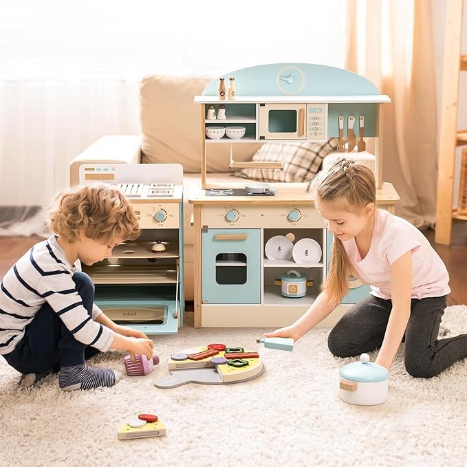 ROBOTIME Wooden Toddler & Kids Kitchen Playset, Wooden Kitchen Toy Playset with Oven, Fridge and Washing Machine, Wooden Kitchen Set Gift for 3+ Year Old Kids, Girls & Boys
