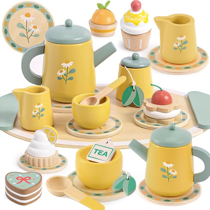 Toyssa Wooden Tea Party Set for Little Girls Toys Toddler Pretend Food with Tea Tray & Play Kitchen Accessories, Wooden Toys for Toddlers 3 4 5 6 Years Old, Birthday Kids Girls Gifts 3-6