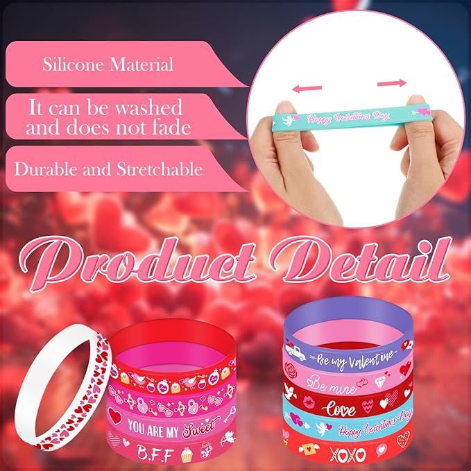 Wettarn 100 Pcs Valentines Silicone Wristband Happy Valentine's Day Wristbands Heart Rubber Bracelets Valentine's Day Party Favors Silicone Bracelets