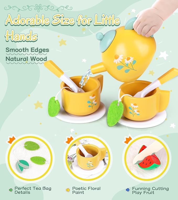 Wooden Tea Set for Toddlers Girls, Tea Party Set Food Pretend Play Kitchen Playset for 3 4 5 6 Years Little Girls, Jeowoqao Portable Princess Tea Party Toys Gifts with Cutting Fruit
