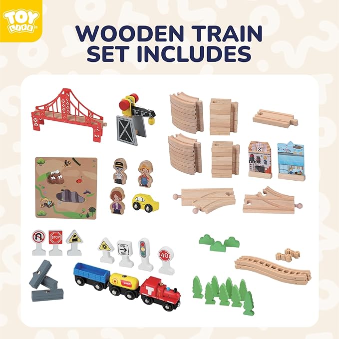 TOY Life Train Set 80pcs Wooden Train Set with Crane, Wooden Train Tracks Toy Train Set for Toddlers 3 4 5, Wooden Toys Toddler Train Set Gift for Kids 4-8, Fits Thomas Brio Melisa Train Track Set