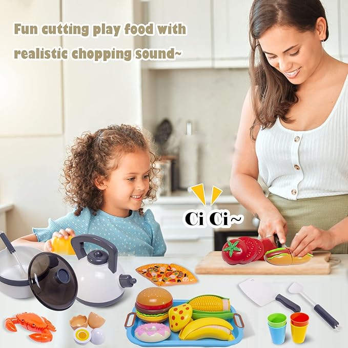 Kids Kitchen Toy Cookware with Play Food Toy Set,Kitchen Play Accessories with Pots and Pans,Cutting Food Toy Utensils,Play Dishes Learning Toys Gift for Toddlers Boys Girls(72 PCS)