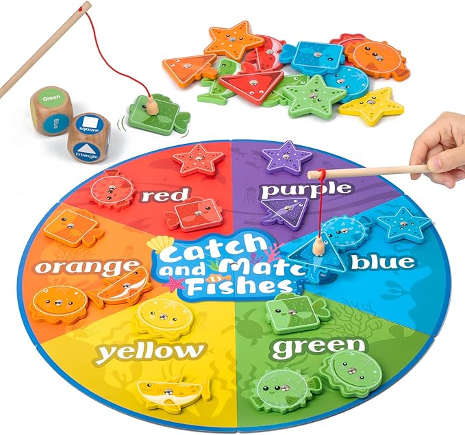Montessori Toy for Toddlers 1-3, Fine Motor Skill Wooden Magnetic Fishing Game for Year Old Kids, Early Learning Color and Shape Sorter Toys for Ages 2-4 Girls Boys Preschool Educational Gift