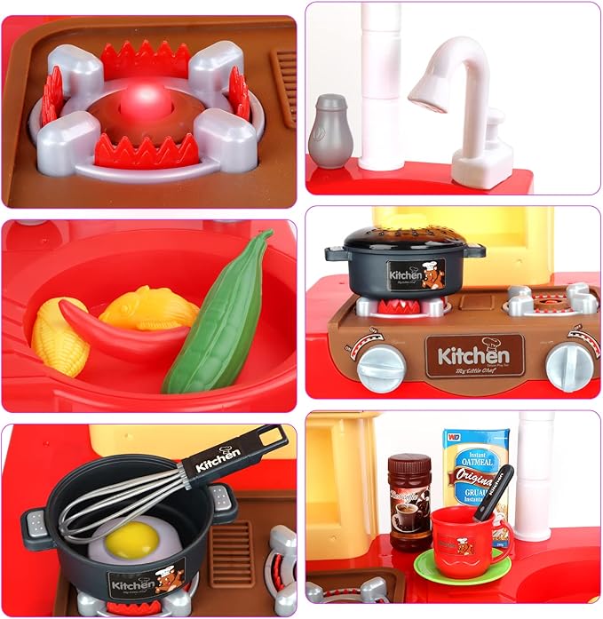 deAO Kitchen Playset Toy Pretend Food with Sounds and Lights Role Playing Game Pretend Food and Cooking Playset for Toddlers,Kitchen Toys for Boys Girls