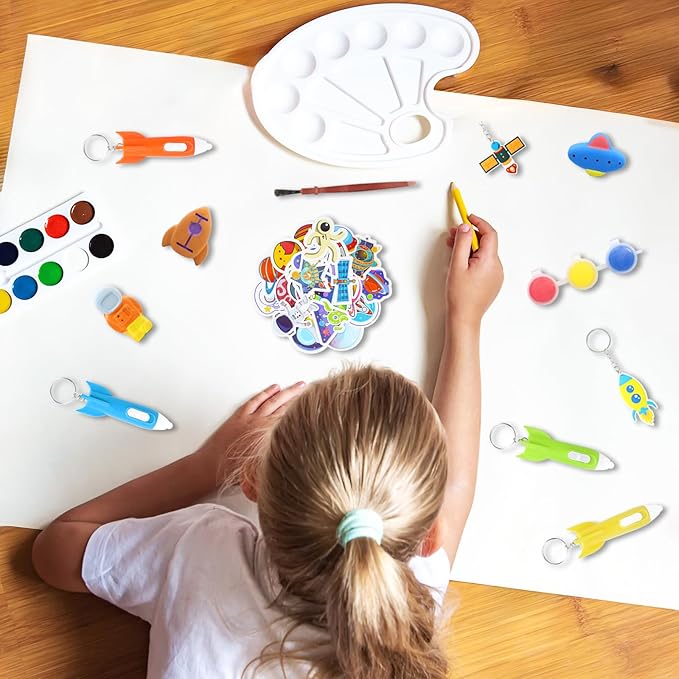 146 pcs Space Party Favors, Hands Slap Bracelets Rocket Keychains Sticker, Space Themed Toys for Kids Painting Kit, Galaxy Theme Bag Fillers for Classroom Prizes Birthday Kids Gift