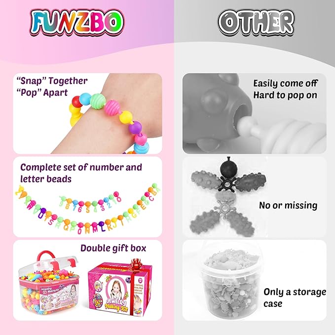 FUNZBO 520+ Snap Pop Beads - Beads for Bracelets Jewelry Making Kit, Arts and Crafts Supplies for Kids, Toys for Girls Age 3 4 5 6 7 8 Years Old Birthday Easter Holiday Valentine Gift