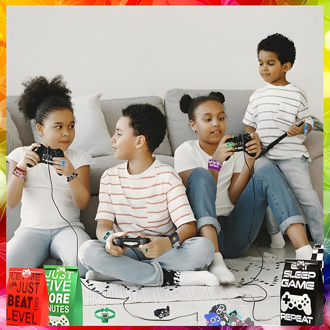 110 Pcs Video Game Party Favors, Gamer party Favors - 12 sets of Gaming Birthday Goodie Bags Included Gift Bags, Game Keychain, Slap Bracelet, Stickers, Ring, Hand Strap for Gaming Kids