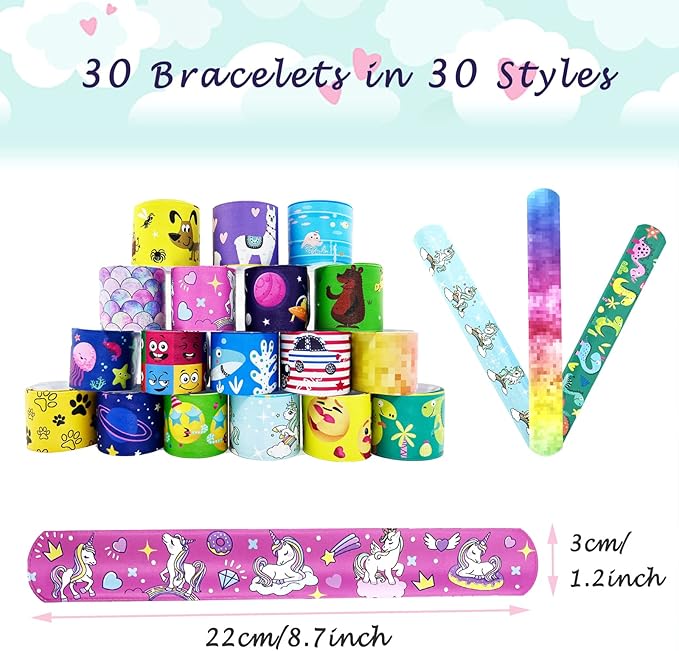Viicoor Slap Bracelets for Kids 30 PCS Wristbands Snap Bracelet Bulk Gadget Gifts Prizes Students