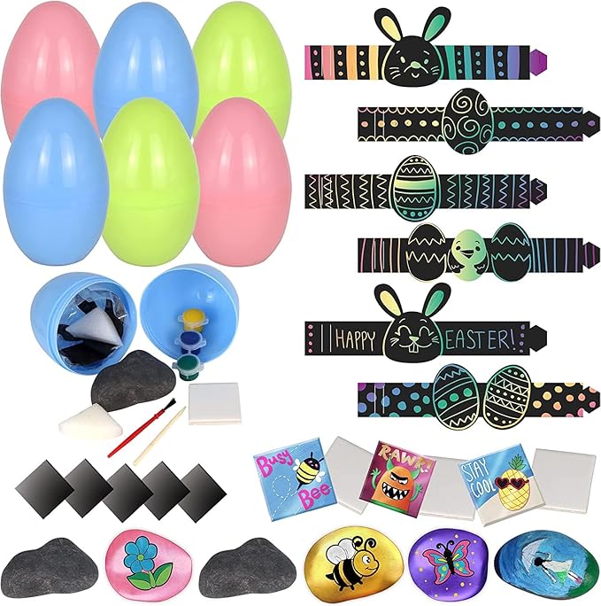 JOYIN 64 Pcs Easter Crafts Assortment Kit with Prefilled Easter Eggs Painting Kit Include Rocks, Magnets and Scratch Art Bracelets for Party Favor, Basket Stuffers Fillers,Eggs Hunt