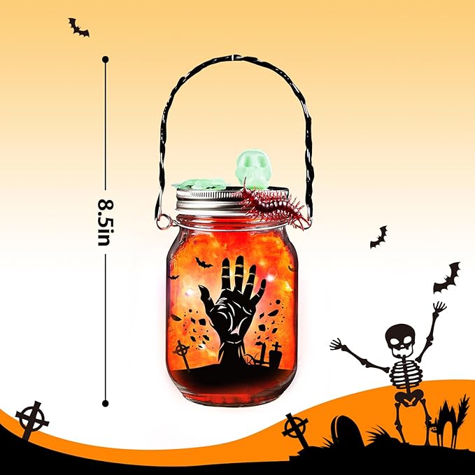 Shemira Halloween Craft Kit for Kids, 8 pcs Glass Mason Jar with Accessories for DIY Lantern Jar, Halloween Art & Craft Party Supplies, Halloween Art Activities,Halloween Craft and Art Party Supplies