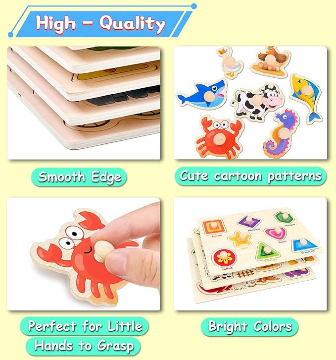 Wooden Peg Puzzles for Toddlers,Montessori Toddler Puzzles for Child,Fine Motor Skill Learning Puzzles Toys for Baby Boys Girls Gifts-3 Pcs Shape,Farm,Sea Animal