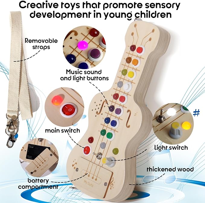 LED Busy Board, Wooden Sensory Toys for Toddler, Montessori Music Toy for Airplane, Travel Activity Educational Learning Toy, Busy Light Switch Autism Toys, Birthday Boys Girls Gifts
