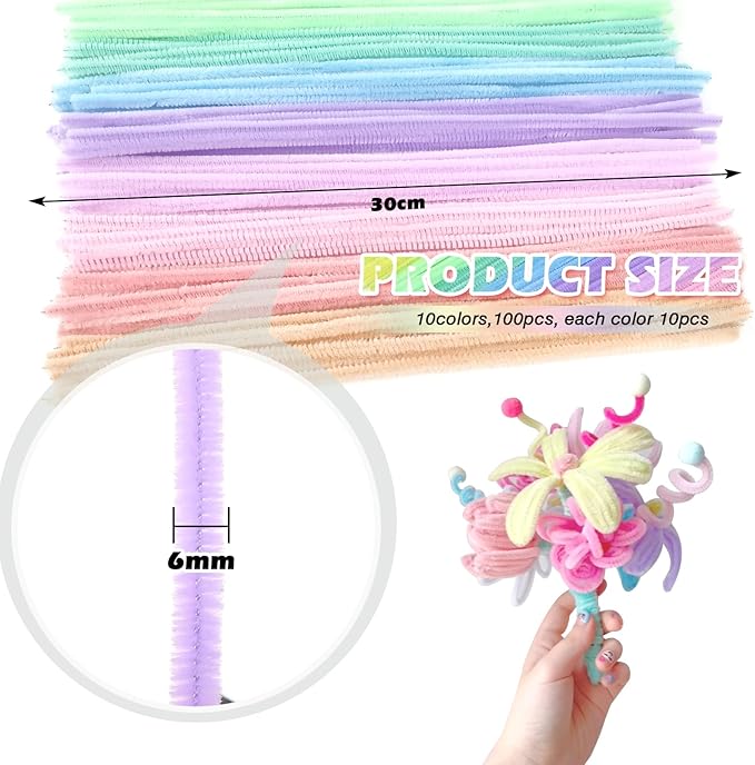 TOAOB 100pcs Pipe Cleaners Colorful Pipe Cleaners Chenille Stems 6mm x 12 Inch Pipe Cleaners Craft Supplies for Art DIY Crafts Decorations