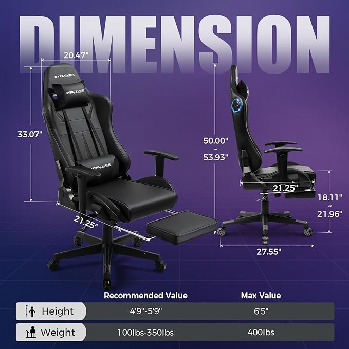 GTPLAYER Gaming Chair with Speakers, Music Gaming Recliner Chair for Adults and Kids, Height Adjustable Computer Game Reclining Chair with Footrest by GTRacing (Black)