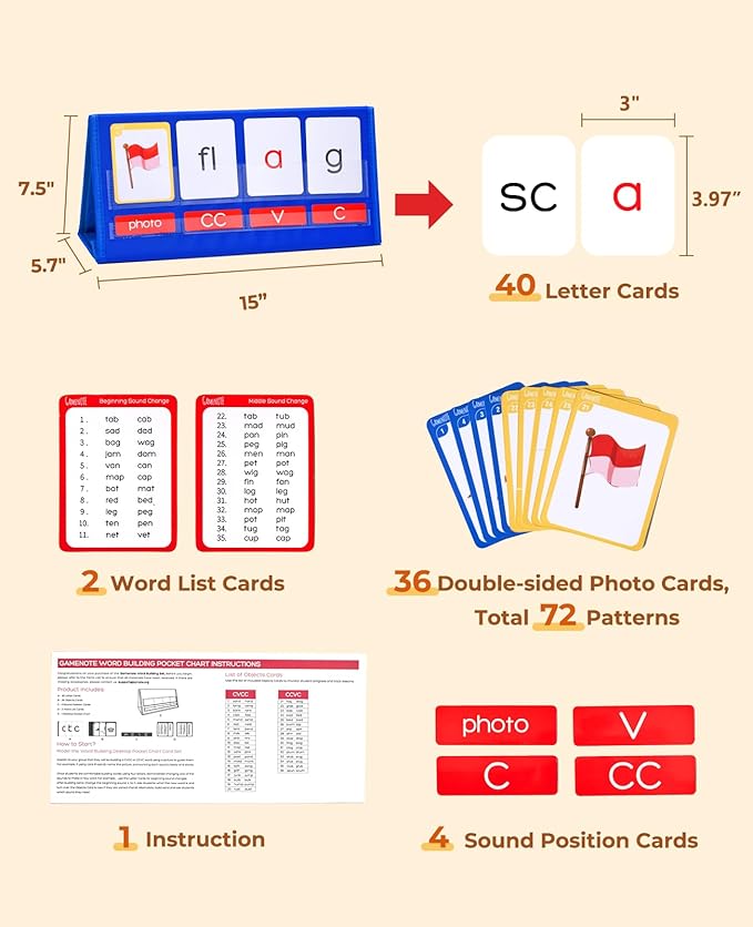 Gamenote Word Building Desktop Pocket Chart - CVCC & CCVC Word Phonics Game,Sight Words Flash Cards Kindergarten Classroom Must Haves,Blending Board for Kids Learning Reading and Spelling