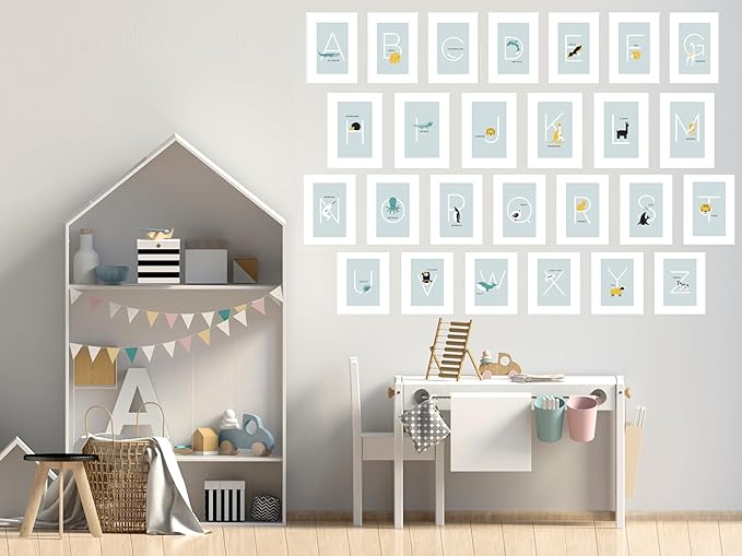 Alphabet Cards for Classroom - Alphabet Cards for Classroom, Nursery and Bedroom - Learning Flash Cards for Toddlers Set of 26 5"x7" Letter Prints (Blue)