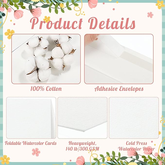 60 Sets Watercolor Cards with Envelopes, 140 lb/300 GSM Watercolor Paper Cards, 5x7 Inch Foldable Blank Watercolor Postcards and Envelopes for Greeting Cards, Wedding Invitations, Thank You Cards