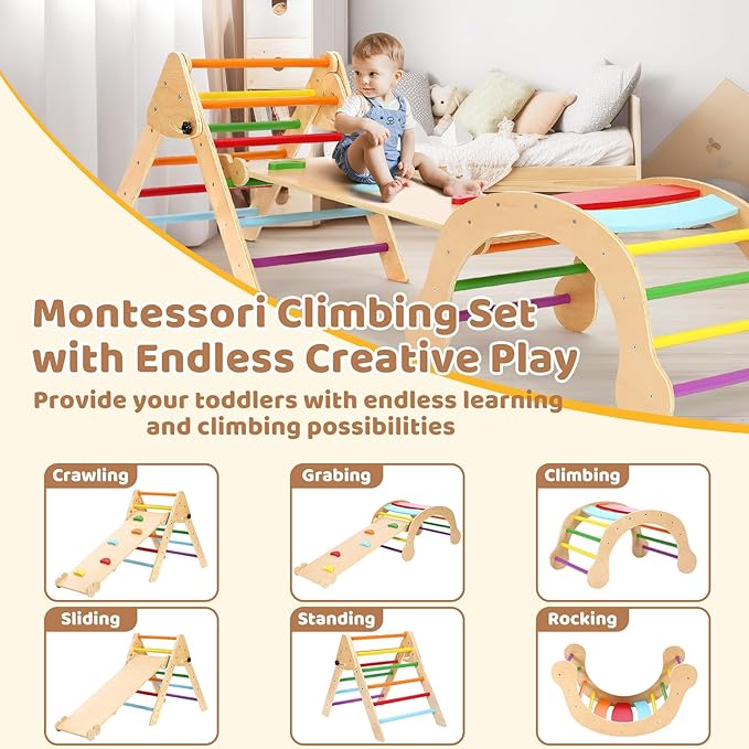 YOLEO 7-in-1 Pikler Triangle Set, Large Wooden Climbing Toys for Toddlers 1-3 Inside, Montessori Fun Toddler Climbing Toys Indoor Playground and Jungle Gyms Playset,Easy-Fold Pikler Triangle (Rainbow)