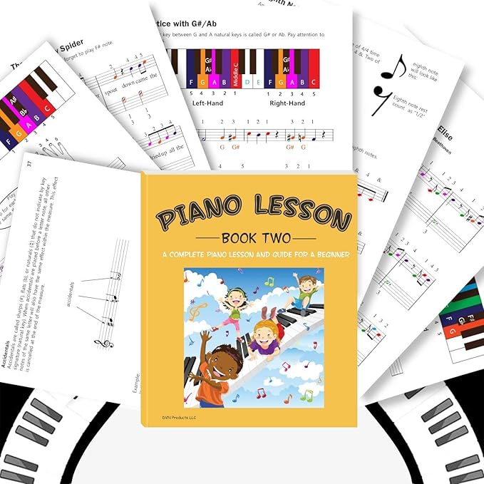 QMG Color Piano and Keyboard Stickers and Complete Color Note Piano Music Lesson and Guide Book 1 and Book 2 for Kids and Beginners; Designed and Printed in USA