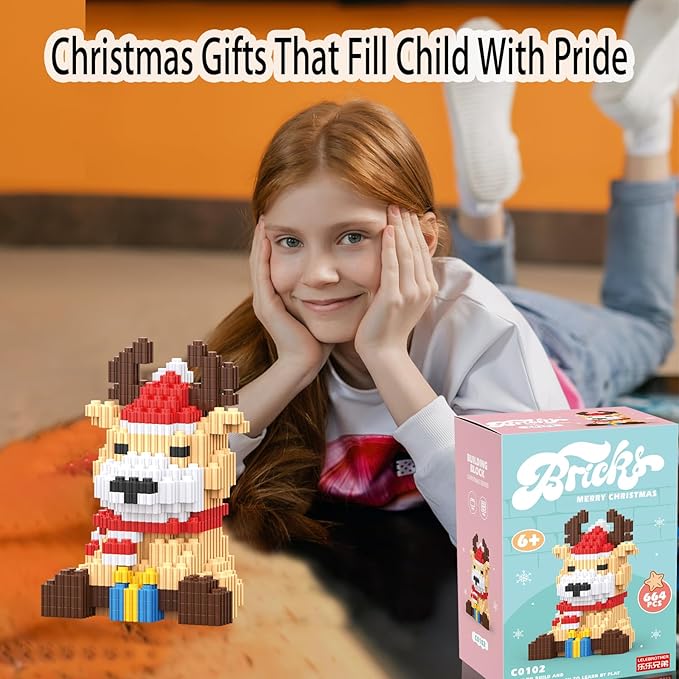 Christmas Building Blocks Reindeer Compatible for Lego Christmas Micro Blocks Stacking New Toys Holiday Present Box New Year Birthday Gifts for Kids 6-12 Years Old (Deer)