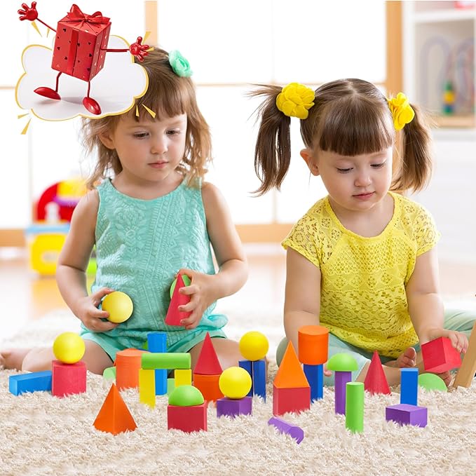 Wettarn 24 Pieces Large Size Foam Geometric Solid Blocks 3D Shapes Assorted Colors Foam Blocks for Teaching School, Family, Toddlers, Preschool Supplies, 12 Shapes