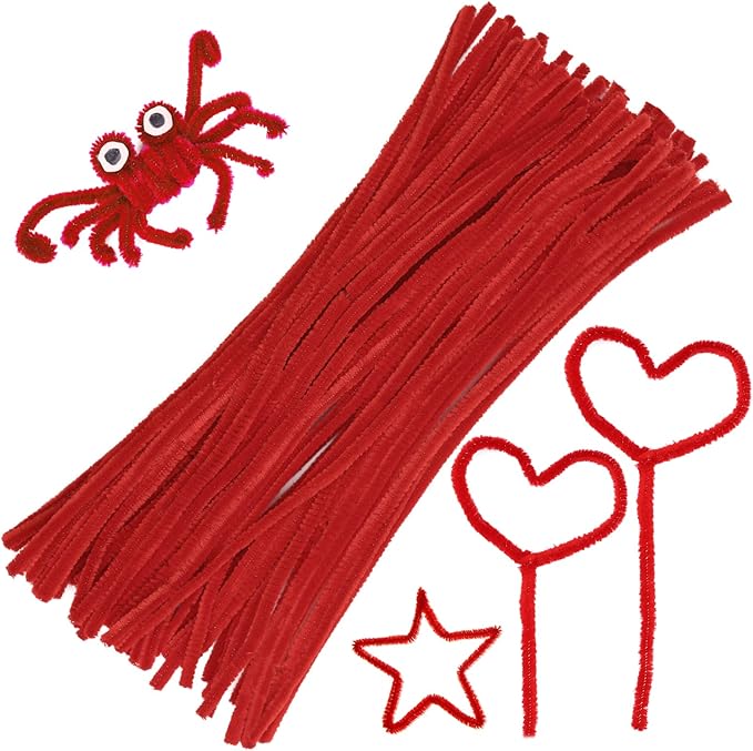 60 Red Pipe Cleaners, Chenille Stem Craft Supplies for Home Decoration & Arts Projects