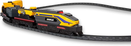 CAT Construction Toys, Little Machines Power Tracks Battery Operated Train Set, Engine with Working Headlight, 3 Rail Cars, Working Crane, 2 Magnetic Cargo Containers, and 2 CAT Trucks for Kids
