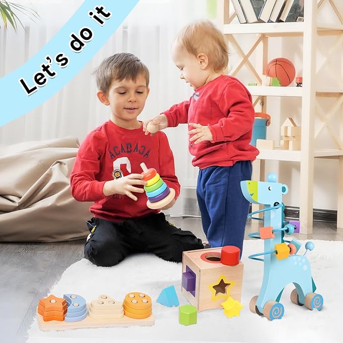 4-in-1 Wooden Montessori Toys for 1+ Year Old - Educational Sensory Toys for Toddlers Aged 1-3 - Baby Learning Toys for Boys and Girls, Christmas Birthday Gifts