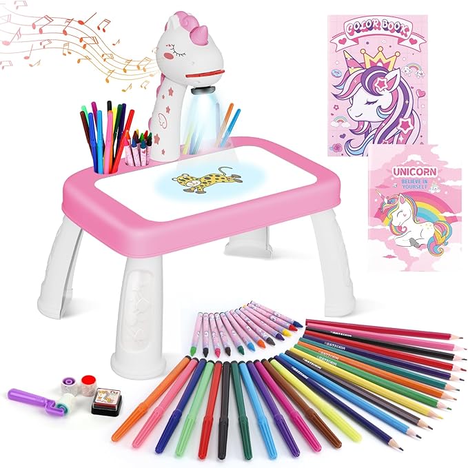 Drawing Projector for Kids,Projector for Drawing Toys for Ages 5-7,Drawing pad with Music,Pencils,Crayons,Scrapbook,Sticker Book,Unicorn Stickers,Kids Projector Unicorn Toys for Girls Age 4-6