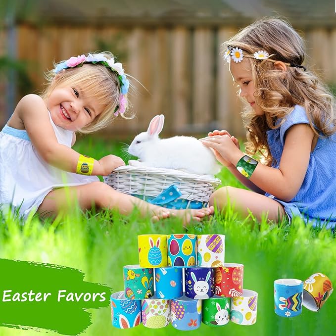 100Pcs Easter Slap Bracelets, Easter Basket Stuffers, Egg Fillers Gifts for Kids toddler boys, Easter Egg Hunt Event, Party Favors, Classroom Prizes, School Supplies
