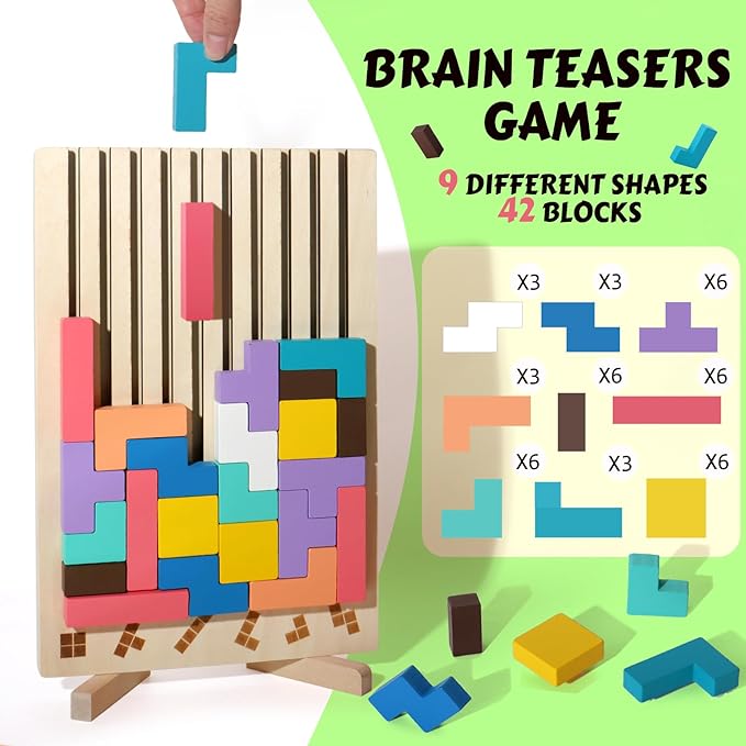 Wooden Blocks Puzzle Brain Teasers Toy Tangram Jigsaw Puzzle Intelligence Colorful 3D Russian Blocks STEM Montessori Educational Gift for Boys and Girls,Board Game Educational Toys for Toddlers