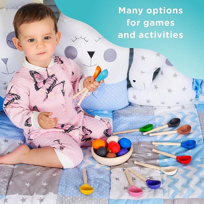 Ulanik Eggs and Spoons Toddler Montessori Toys for 1 Year Old + Kids Wooden Eggs Baby Matching Game for Learning Color Sorting and Counting — 12 pcs, 1.8 in