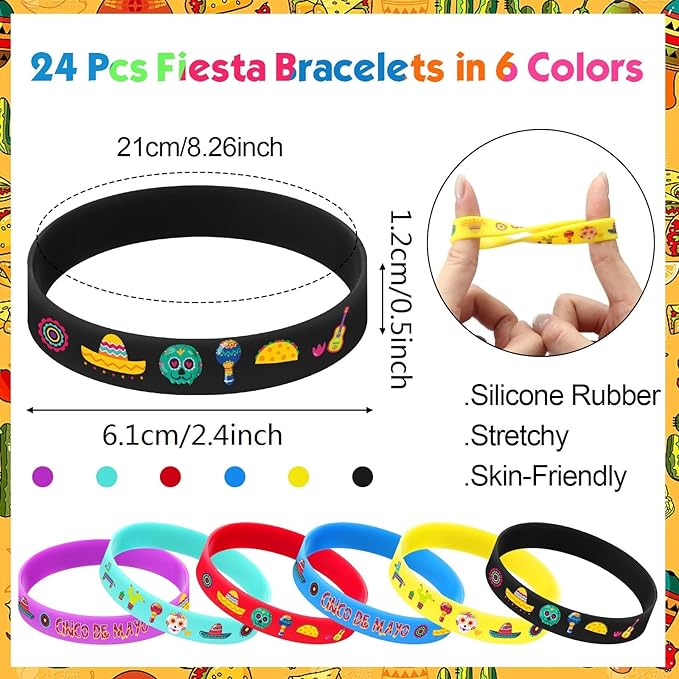 Xinnun 24 Pcs Mexican Fiesta Rubber Bracelets Fiesta Party Silicone Wristbands Mexican Party Favors with Taco Cactus Piñata Pattern for Let's Fiesta Cinco De Mayo Party(Cinco De Mayo)