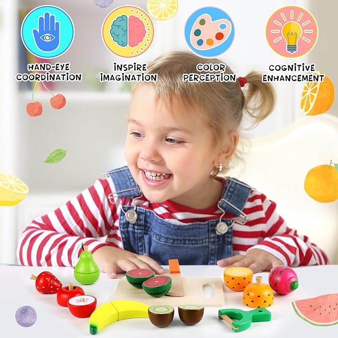 LOOIKOOS Wooden Play Food for Toddlers, Montessori Toys for 3 4 5 Years Old Pretend Cutting Fruits Set for Toddlers Play Kitchen Gift for Kids Educational Toy