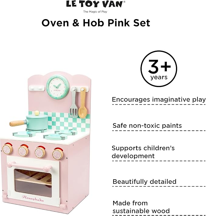 Le Toy Van - Colorful Wooden Honeybake Oven & Hob Pink Set | Wood Pretend Play Kitchen Toy Set | Girls and Boys Role Play Toy Kitchen Accessories