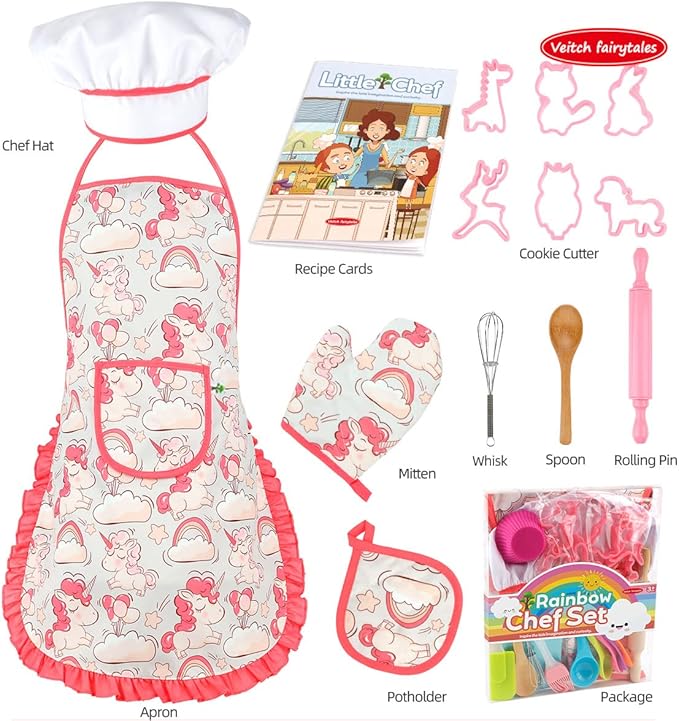 TOONRAIN Kids Cooking and Baking Set Chef Hat and Apron Dress Up Kitchen Costume Boys Girls Toys Birthday Christmas Gift