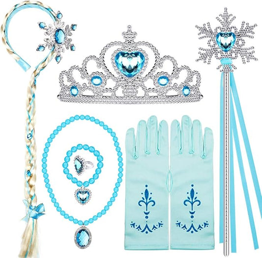 Elsa Princess Dress Up Accessories Frozen Jewelry Play Toy Set for Girls with Headband Braid Wig, Crowns, Necklaces, Wands, Rings, Bracelets Gloves Elsa Cinderella Costume Accessories