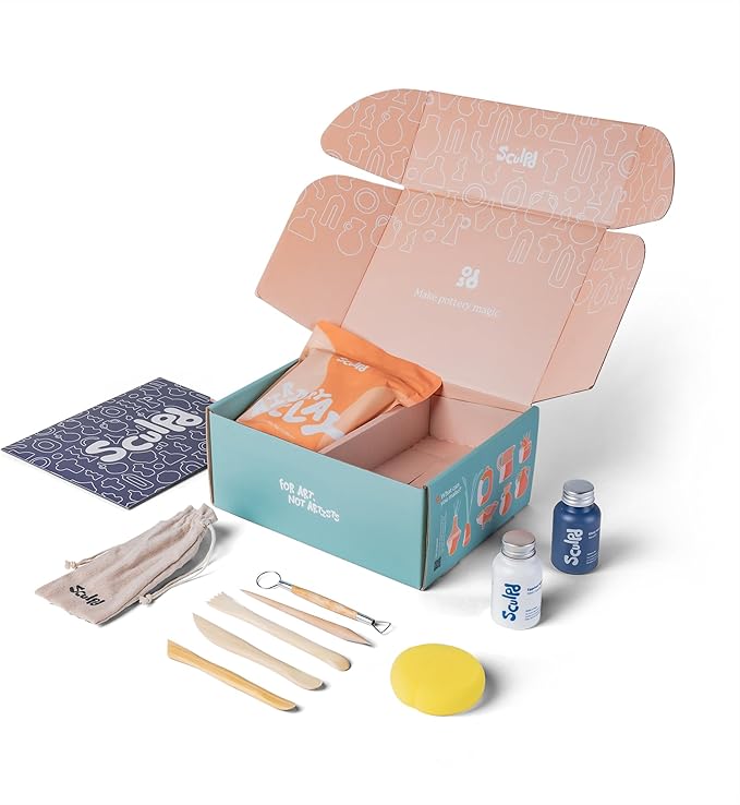 Sculpd Pottery Starter Kit - Complete Air Dry Clay Beginner Set for 2 Adults: Includes Sculpting Tools, Gloss Varnish, Paint Brushes, Guide, Video Tutorials & More - Date Night Gift, Arts Crafts Hobby