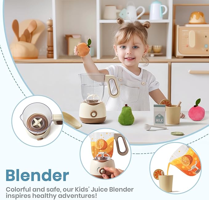ROBOTIME Kids Toy Kitchen Set - Wooden Play Kitchen Appliances with Toaster, Blender with Realistic Sounds, Play Kitchen Accessories Toy Food Set for Kids - Kitchen Playset for Toddlers(2-Set)