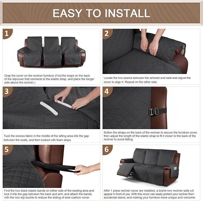 KinCam Waterproof Recliner Sofa Cover, Non-Slip Reclining Couch Covers for 3 Seat, Recliner Couch Cover Furniture Protector with Elastic Straps for Pets, Kids, Charcoal Gray
