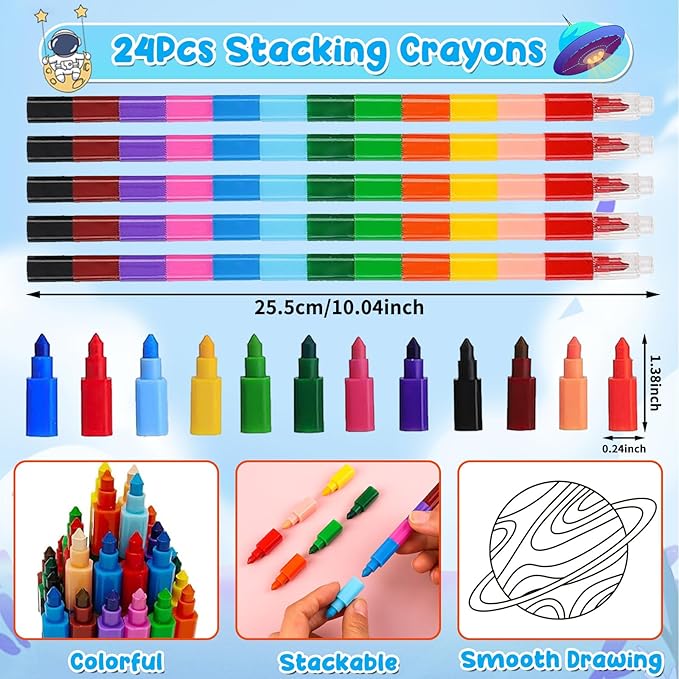 24Pcs Outer Space Coloring Books for Kids with 24 Stacking Crayons Mini Coloring Book Party Favors Bulk Gifts Alien Astronaut Small Activity Books For Birthday Party Goodie Bags Stuffer Classroom
