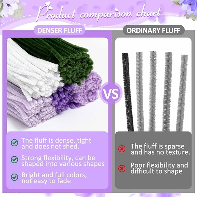 Peryiter 500 Pieces Pipe Cleaners Chenille Stems 12 Inch Craft Supplies Bulk for DIY Art and Craft Projects Creative Gift Wrapping Party Decorations(Purple Flower Color,12 Inch)