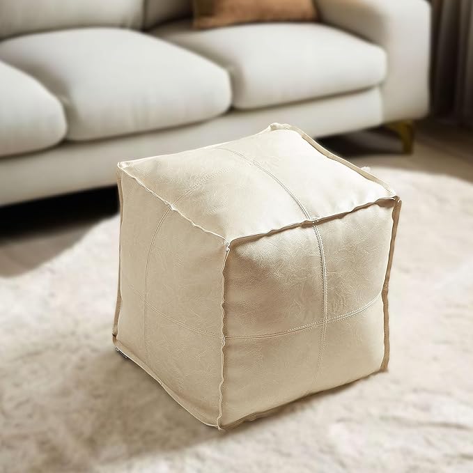 Louis Donné Unstuffed Pouf Ottoman Footstool Cover Handmade Faux PU Leather Moroccan footrest Cover for Living Room Storage Clothes blancket Balcony Office Outdoor Square Beige 17.7"(Only Cover)