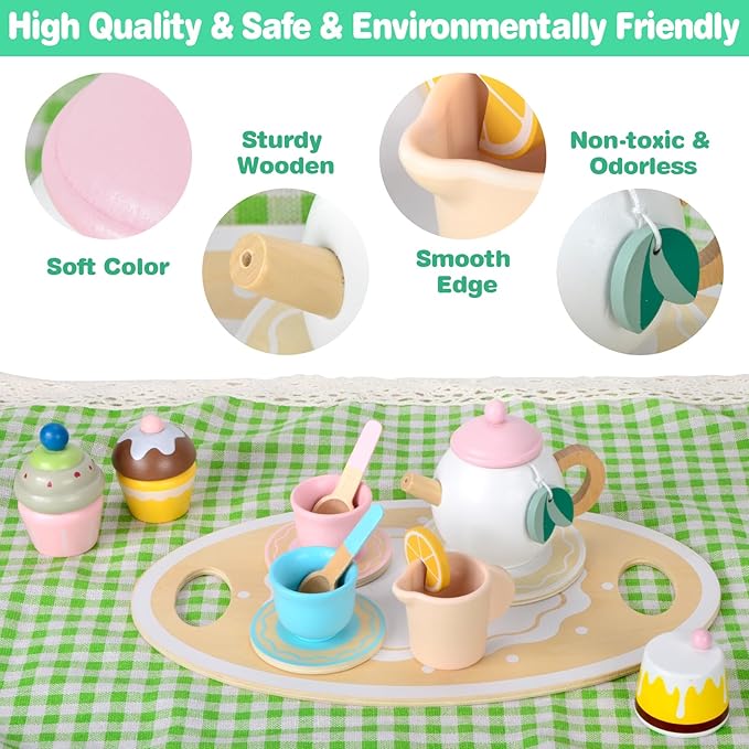 Wooden Tea Party Set, Toddler Tea Set for Little Girls 3-5 with Picnic Mat & Cupcake Stand & Play Kitchen Accessories, Wooden Toys for Toddlers 2 3 4 5 6 Years Old for Garden Picnics and Parties